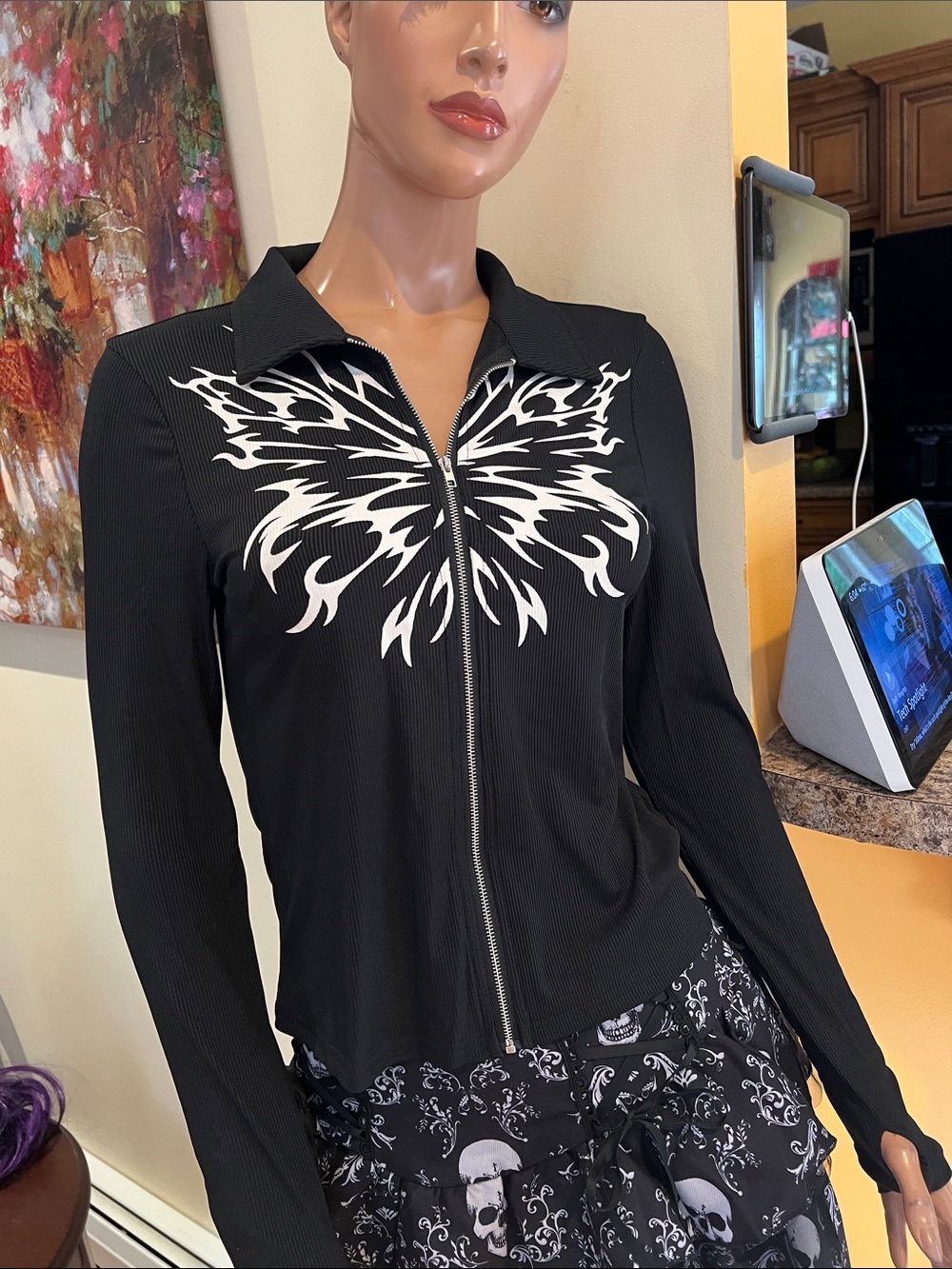 Black Zip Jacket top M with White tribal Butterfly nwt ( runs small)